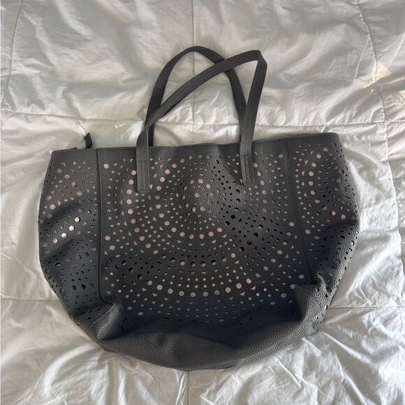 Perforated Gray Faux Leather Tote Bag – 18” x 13” Large Shoulder Bag - Picture 3 of 12